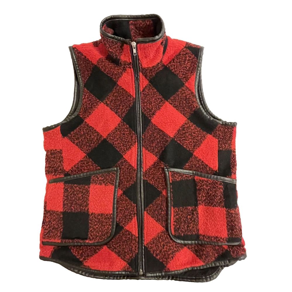 Jolt Full Zipper‎ Vest Red Black Womens Plaid Sz L Faux Leather Trim Pockets